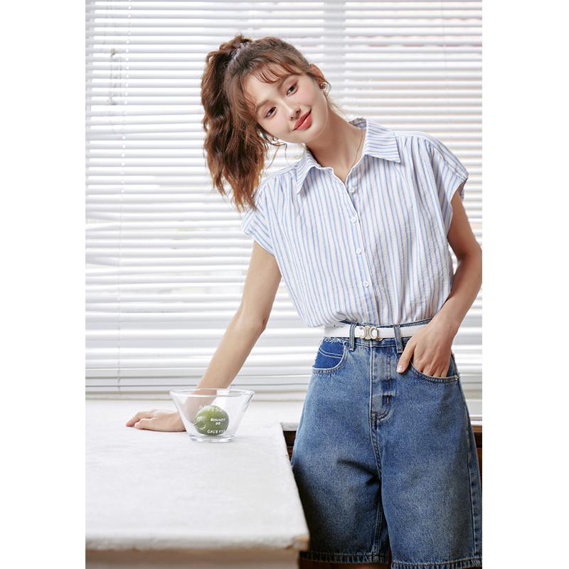 Mishow Women's Shirt 2023 Summer New Blue Stripe Commuter Elegant Bat Sleeves French Style Loose Clothing Tops MXC39C0078