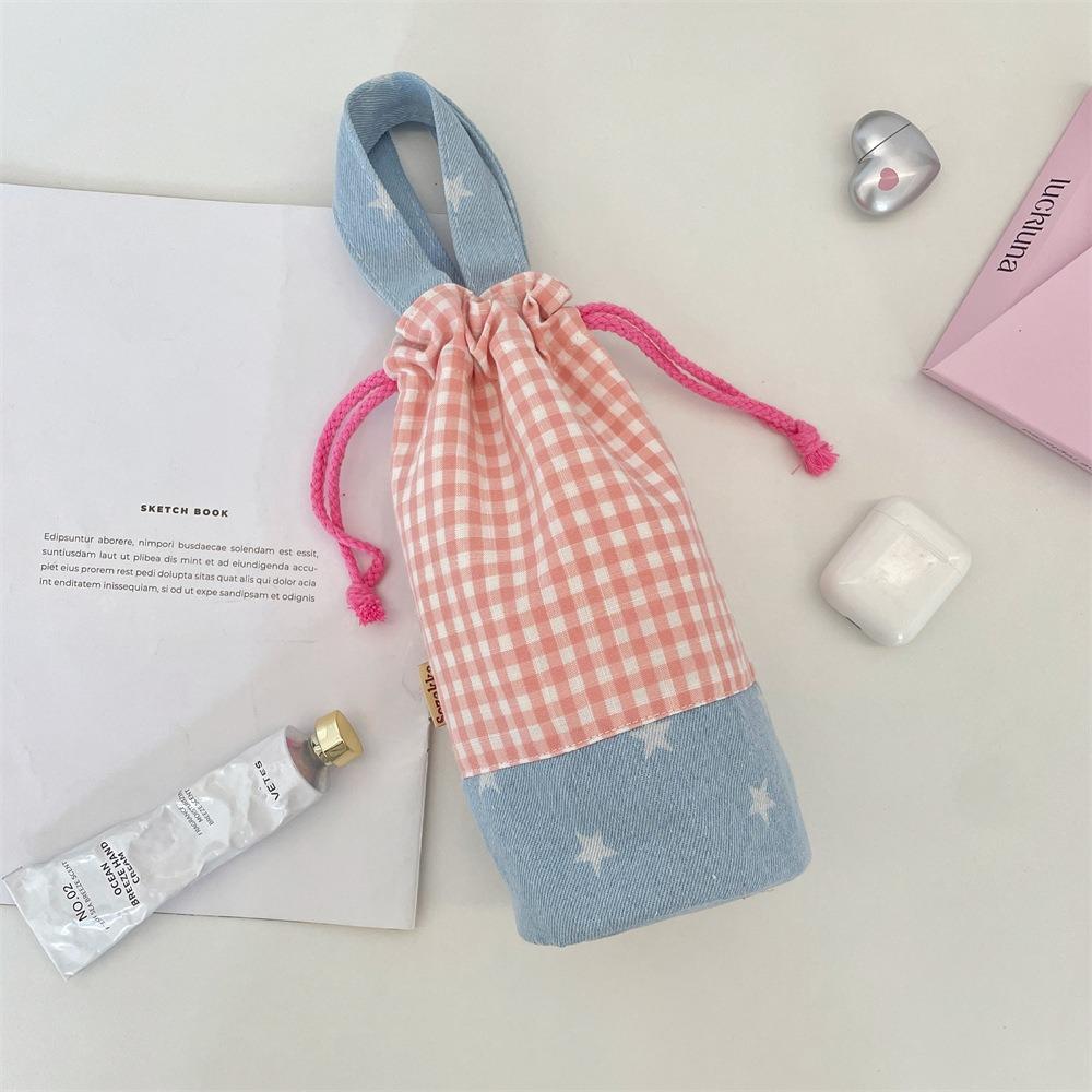 Water Bottle Holder Water Bottle Cover Grid Small Storage Bag Cute Drawstring Canvas Cup Bag  Girls