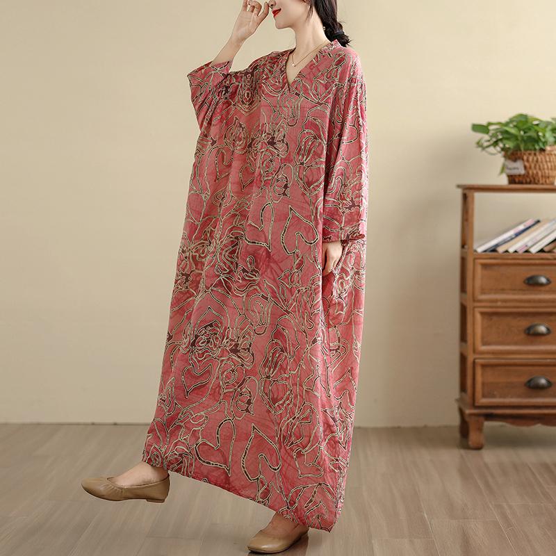 Dimanaf 2025 Women Plus Size Spring Long Dress Loose V-Neck Printing Vintage Casual Floral Oversize Long Sleeve 5059