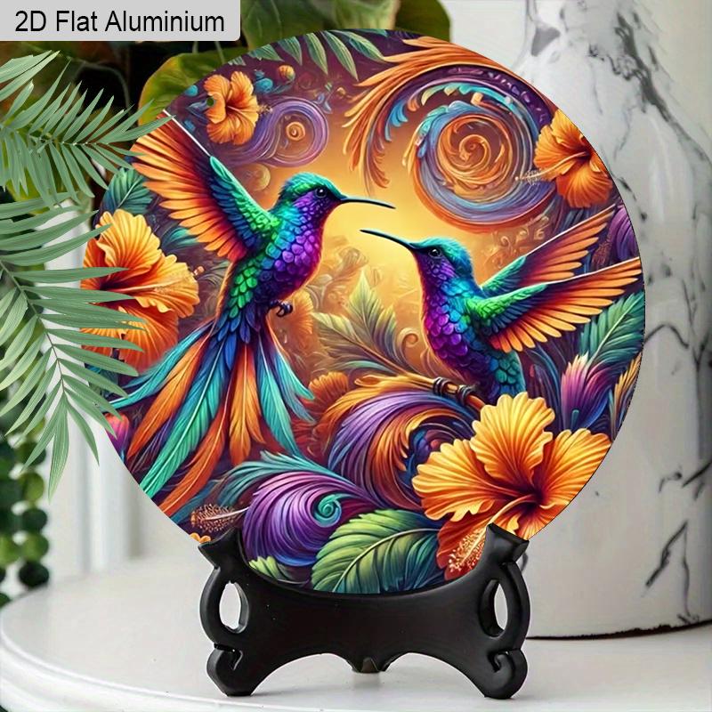 2D Flat 1pc Vintage Colorful Hummingbird Aluminum Sign Round Ornament, Home Office Garden Courtyard Living Room Balcony Decor, Indoor/Outdoor Door