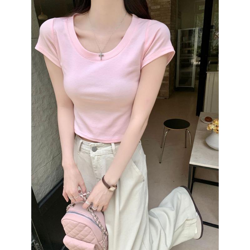 Camiseta de algodón puro de color liso con cuello en U y hombros descubiertos para mujer, nueva camiseta de verano, corta y ajustada.