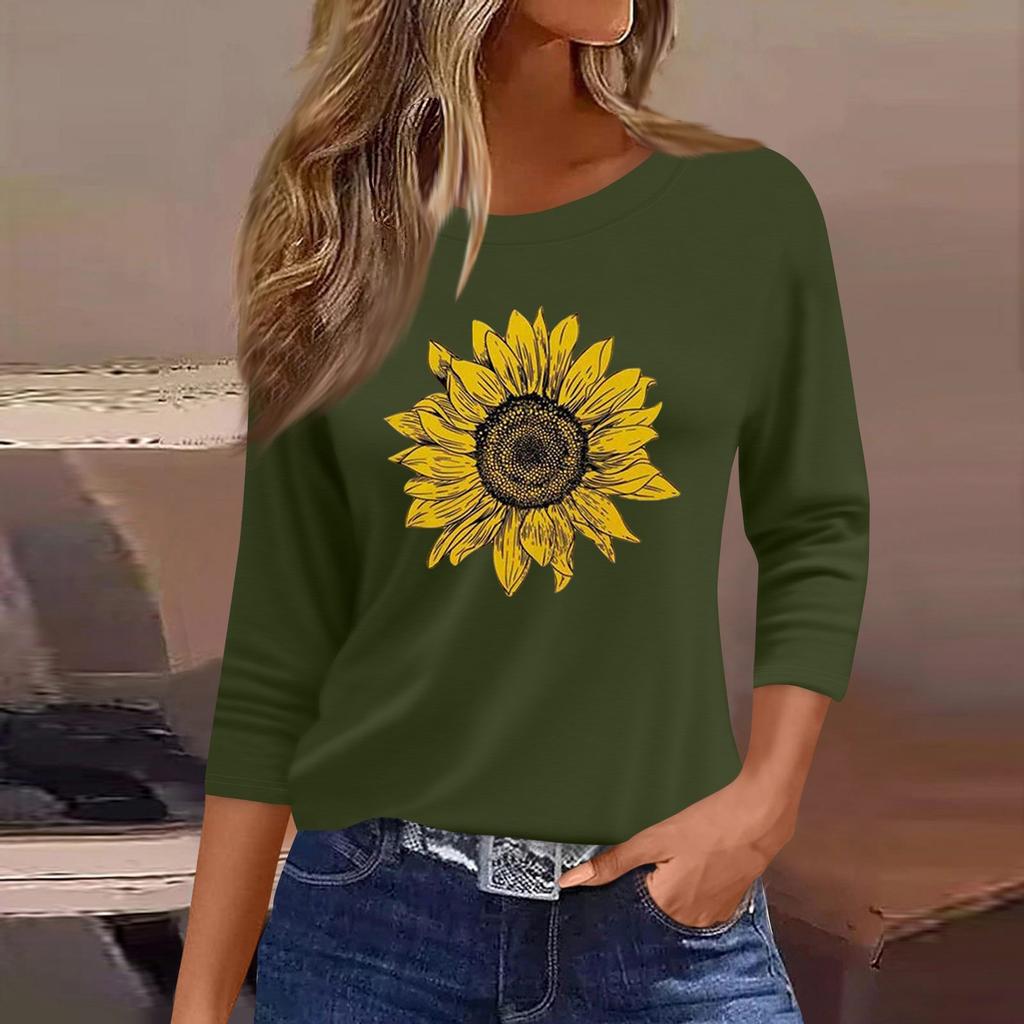 Women's Fashion Casual Round Neck 3/4 Sleeve Loose  Printed T-Shirt Ladies Top