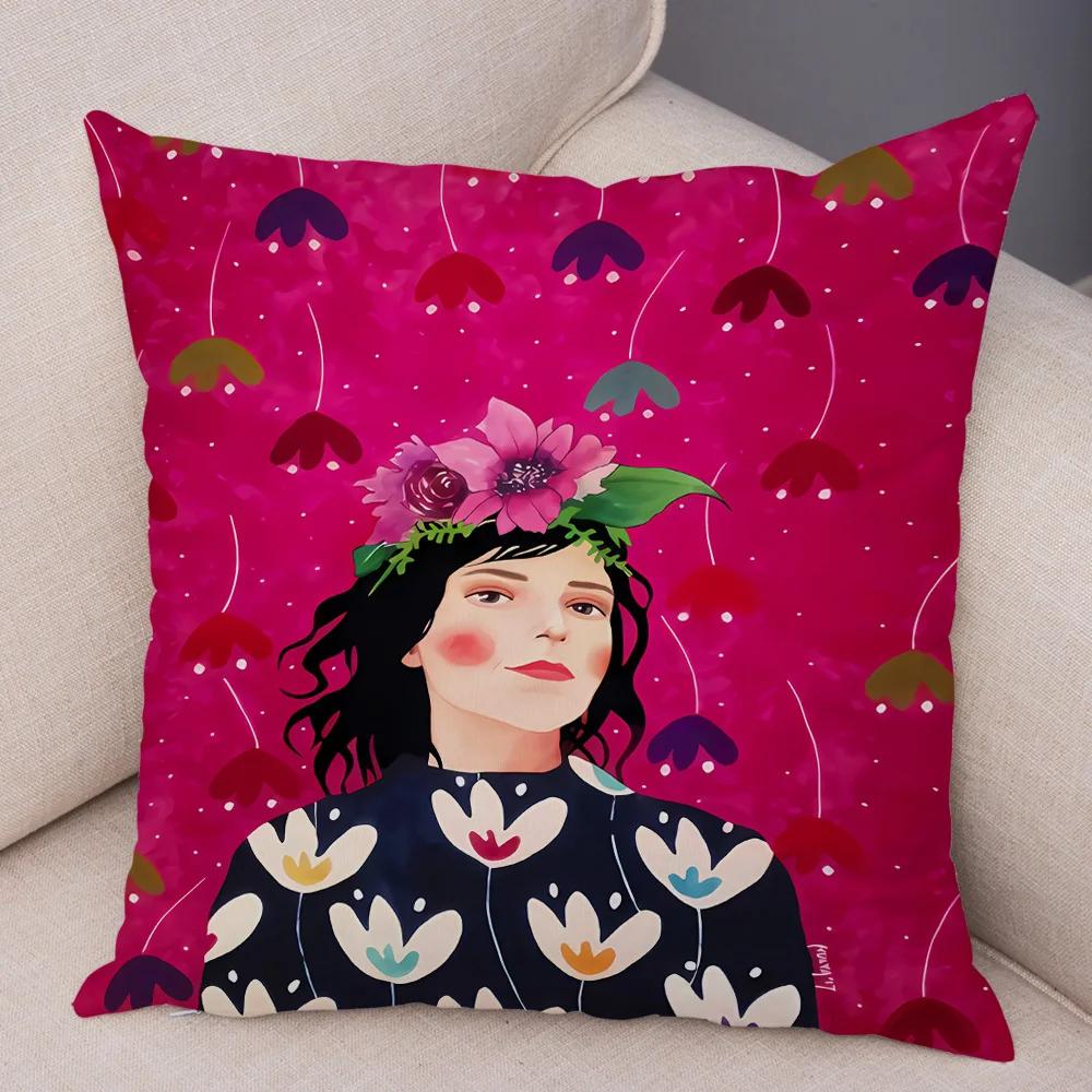 Fashion Abstract Girl Pillowcase Soft Plush Decor Cartoon Flower Lady Cushion Cover for Sofa Home Throw Pillow Case 45x45cm