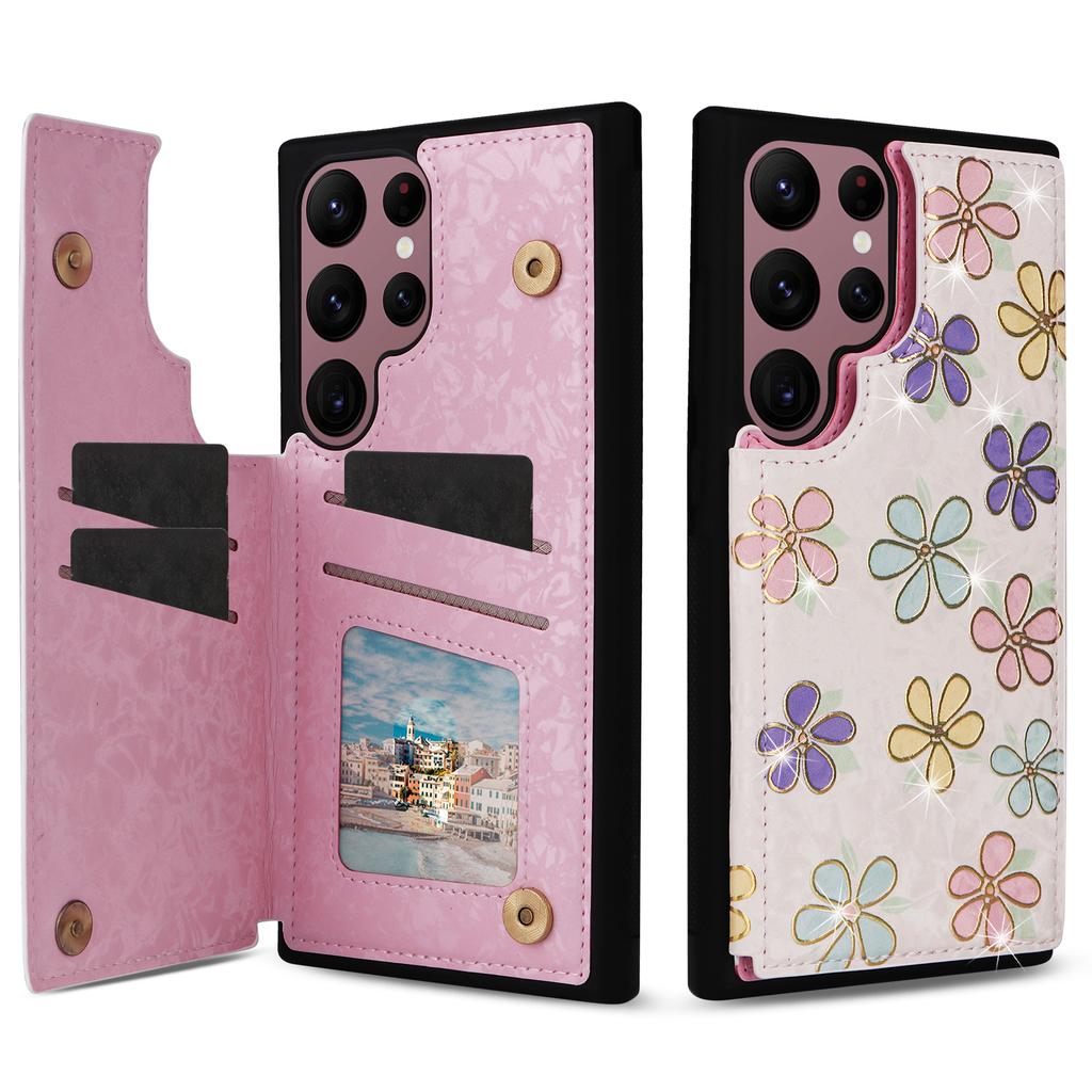 For Samsung Galaxy S22 Ultra 5G Phone Case Kickstand Flower Leather Coated TPU Cover