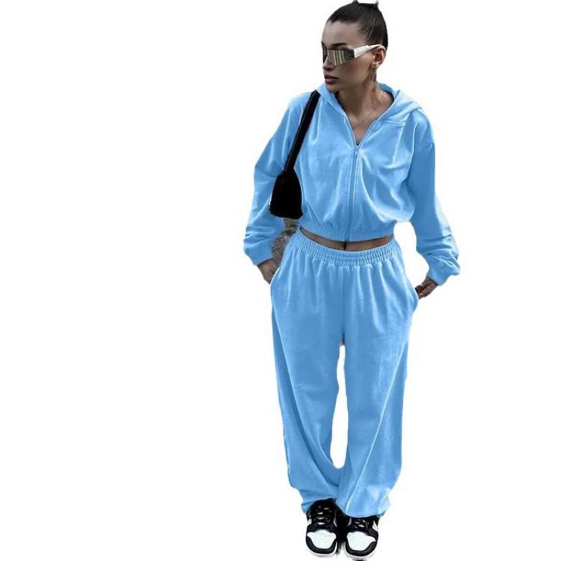 Womens Street Style Tracksuit Long Sleeve Zip Up Hoodie Elastic Waist Pants Two Piece Set