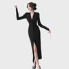 2024 Autumn French V-Neck Retro Long-Sleeve Slit Dress for Mature Women