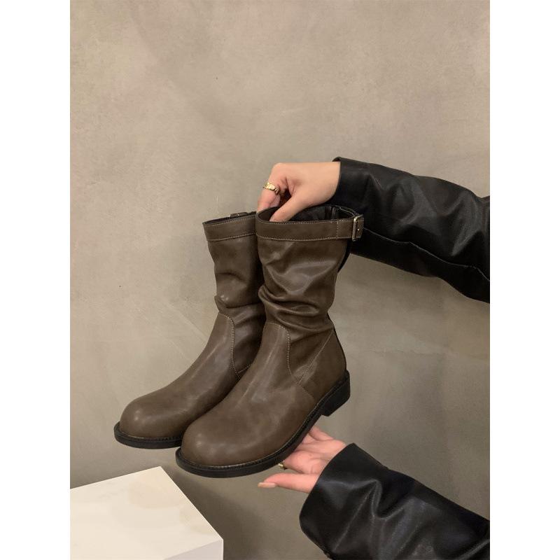 Thick heel retro medium boots knight boots women's shoes 2025 new autumn and winter piled small short boots Martin boots