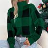 Women's Christmas Casual Color Block Plaid Long-Sleeved Turtleneck Sweater