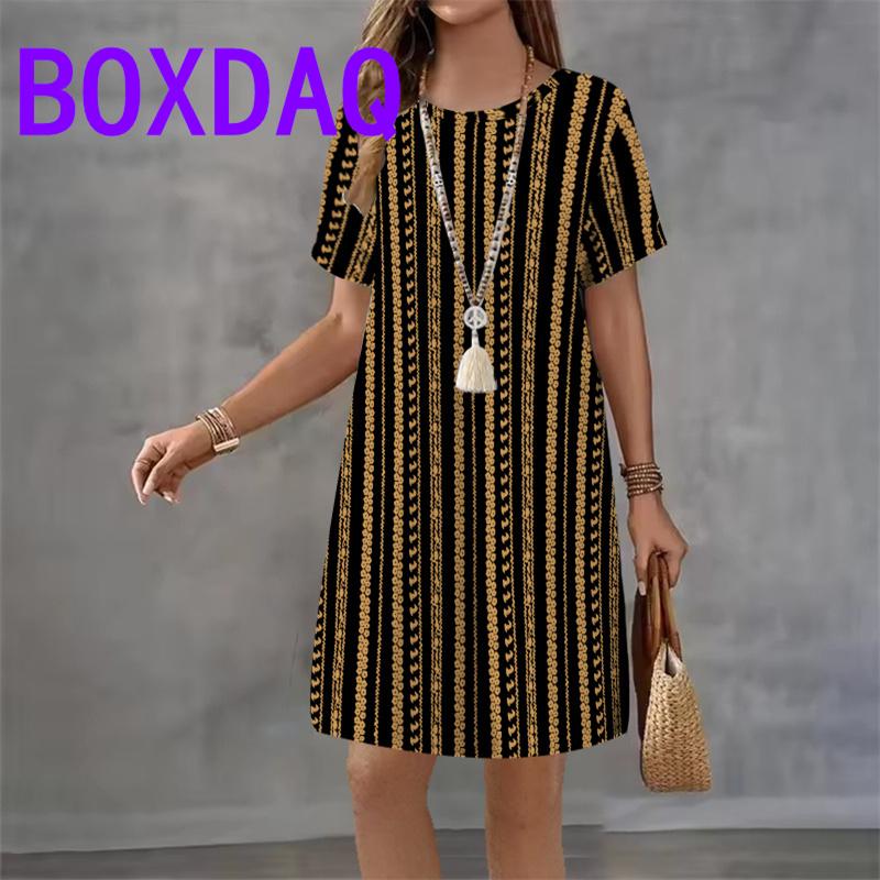 Gradient striped Pattern For Ladies Dress Vintage Short Sleeve O-Neck Loose Casual A-Line Dress Summer 3D Print Women Sundress