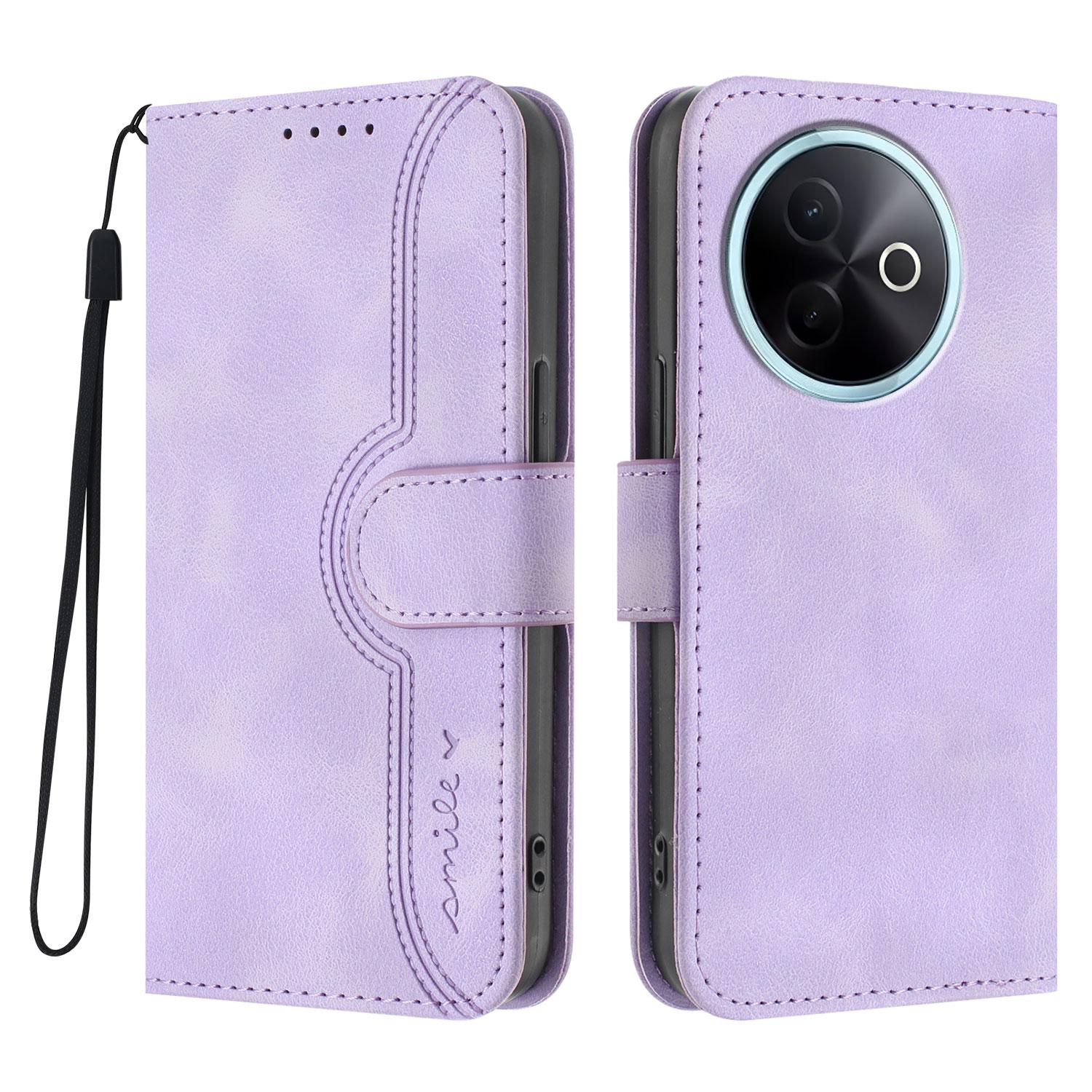 

For vivo Y300i 5G/vivo Y39 5G Leather Case Wallet Stand Smile Imprinted Phone Cover with Strap Purple