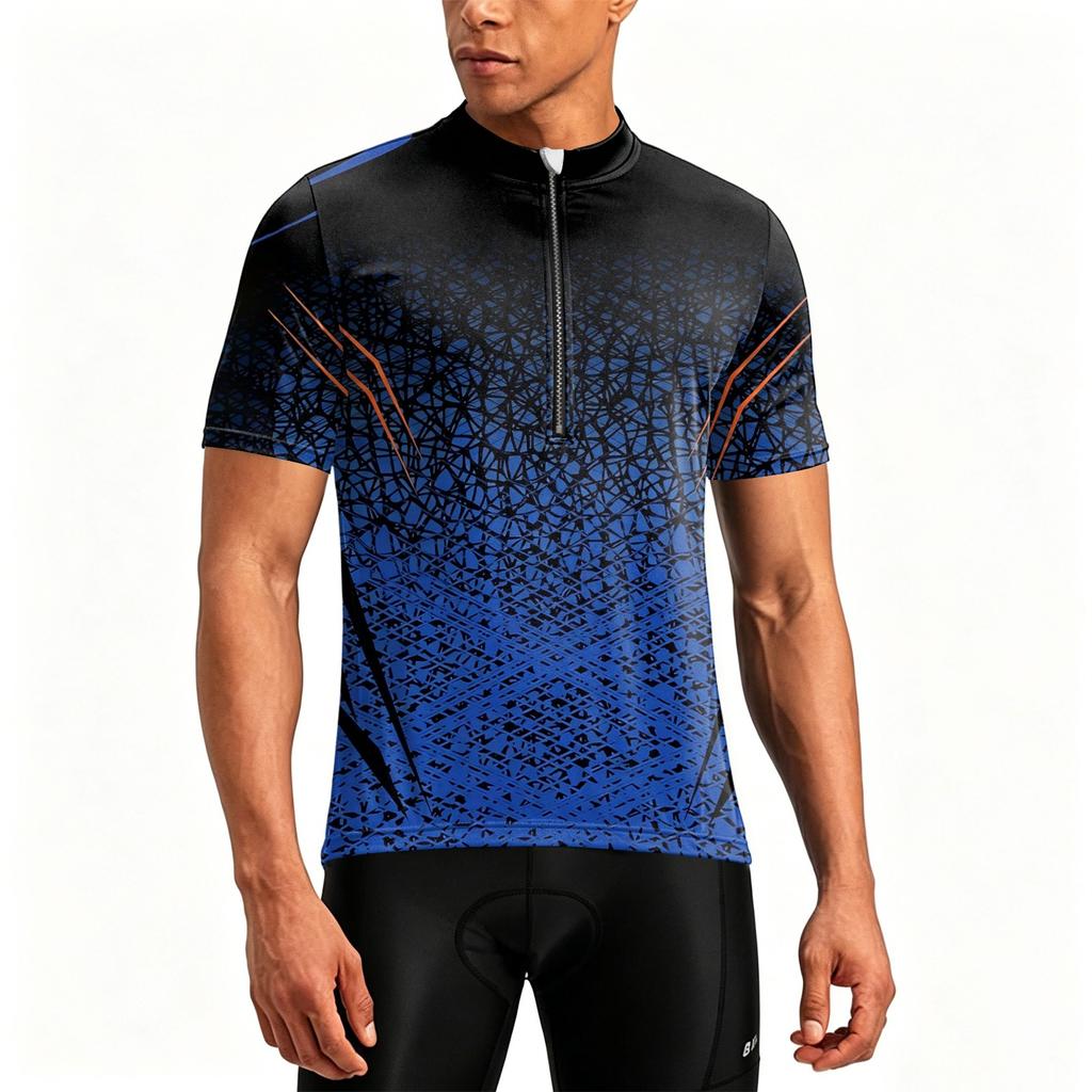 Pánský cyklistický dres s kulatým výstřihem a krátkým rukávem se zipem, prodyšný, rychleschnoucí, s potiskem, pro venkovní sporty a fitness