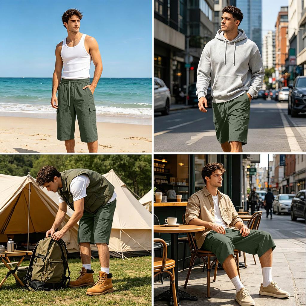 Men’s Summer Casual Seven- Shorts Relaxed Fit Lightweight Cotton Cargo Shorts with Multiple Pockets for Outdoor Activities