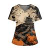 Halloween Print V Neck Short Sleeve Nurse Top with Double Pockets Split Hem Medical Scrub Shirt for Healthcare Workers and Caregivers