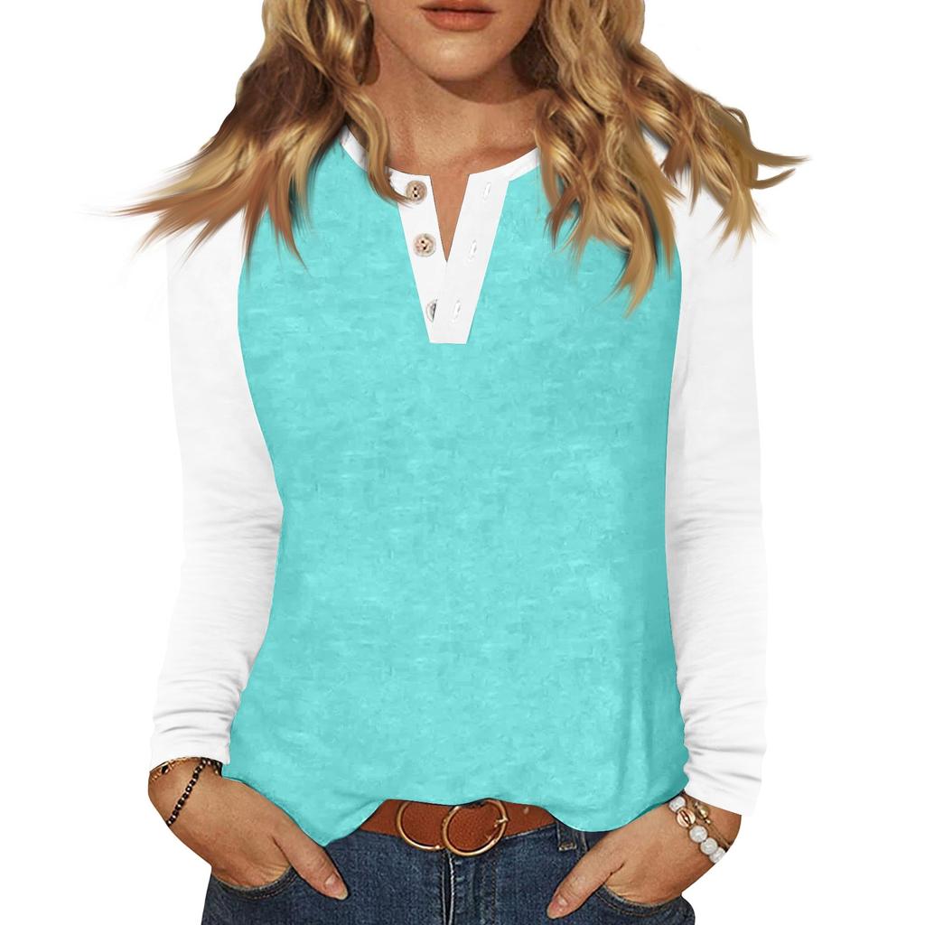 Women's T Shirt Color Block Button Long Sleeve Daily Weekend Fashion Basic V- Neck Regular Top
