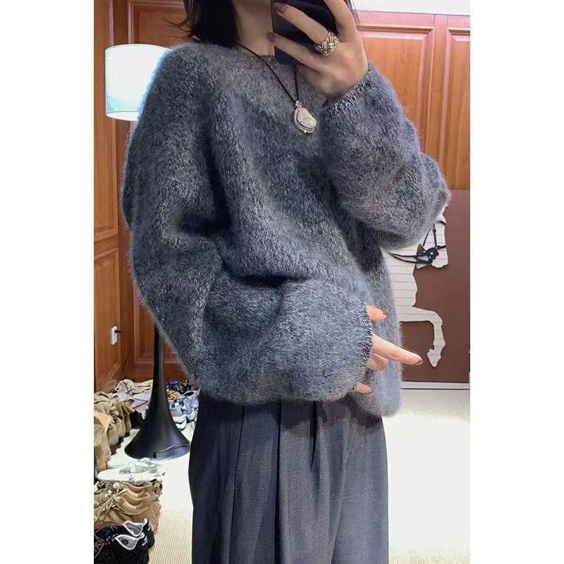 Pulover tricotat gros cu gât rotund, nou 25 Toamnă/Iarnă, dintr-un singur fir, din lână merinos cașmir