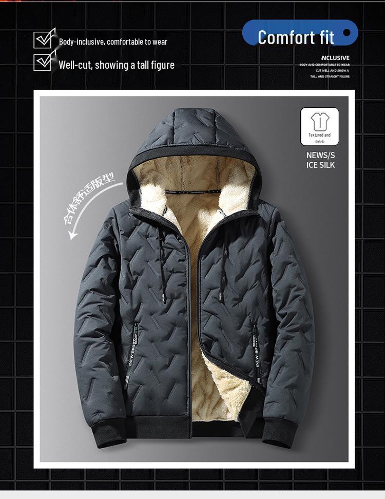 Men's Warm Hooded Ultrasonic Lambswool Coat & Plus Velvet Cotton Pants Set for Winter Cold Protection