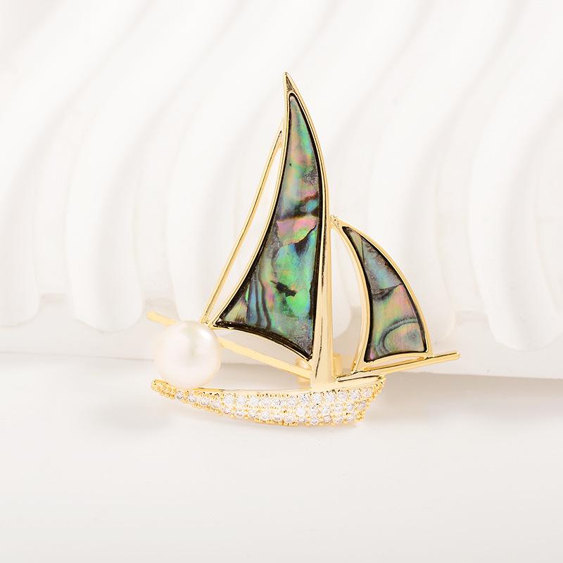 Smooth Sailing Sailboat Brooch: Exquisite Zircon & Natural Mother-of-Pearl Pin Accessory