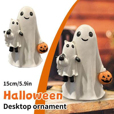 2025 Kawaii Halloween Ghost Holding Cat Statue with Pumpkin Spooky Ghost Resin Figurine Hugging Cat for Halloween Party Decor