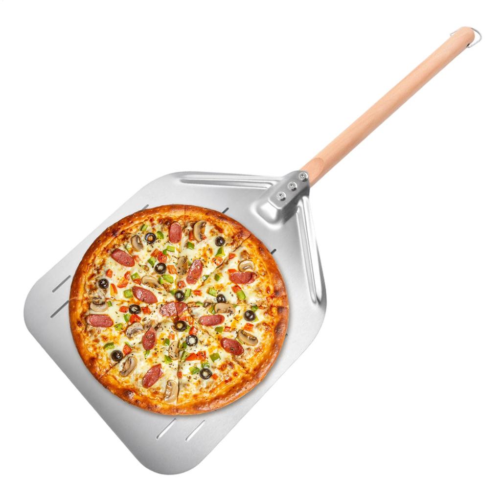 Perforated Pizza Peel 12 Inch Stainless Steel Perforated Oven Turning Tool Pizza Spatula Paddle with Wooden Handle for Kitchen