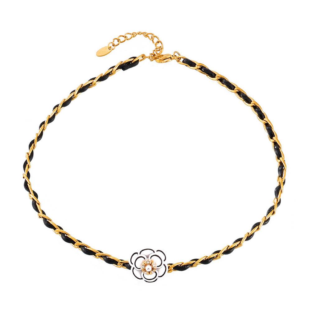 French Light Luxury Black Woven Leather Rope Titanium Steel Necklace Versatile Niche Camellia Shape Diamond Neck Chain Women