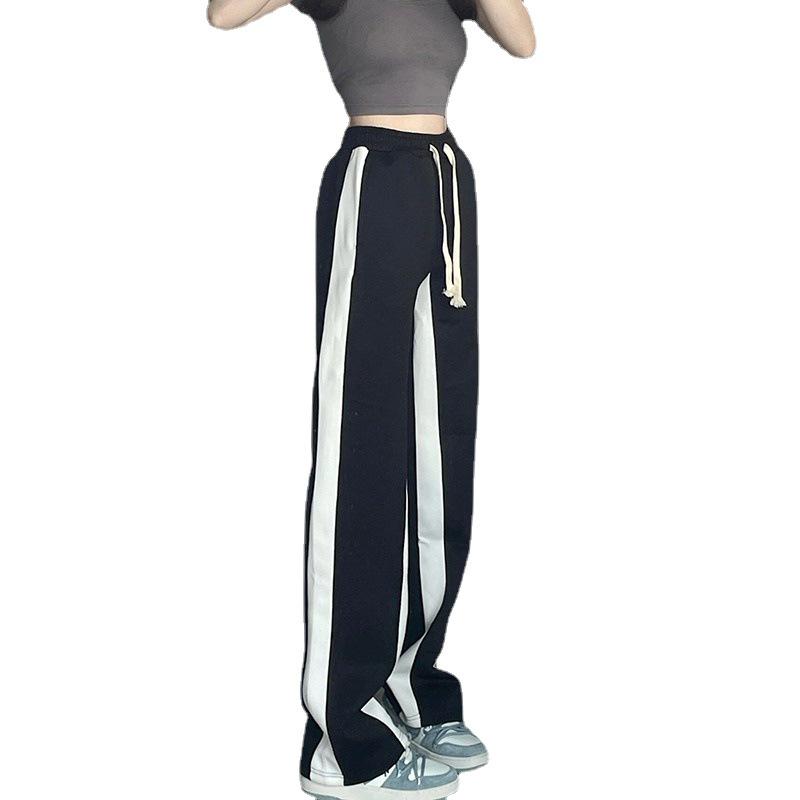 Black & White Side Stripe Wide-Leg Pants - Loose, Casual, Drape Floor-Length, Straight-Leg Sweatpants for Summer