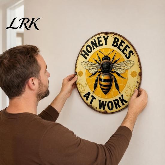 Easy Hang Metal Sign Honey Bee Round Sign, Bees at Work Retro Wall Hanging Plaque Decor for Cafe Bar Pub Home Art Walls