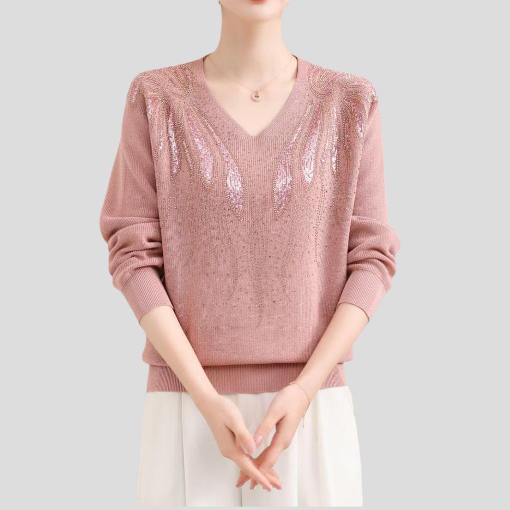 Spring Autumn Women's V-Neck Sweater Loose Rhinestones Pullover Knit Top Solid Color Plus Size Sweater