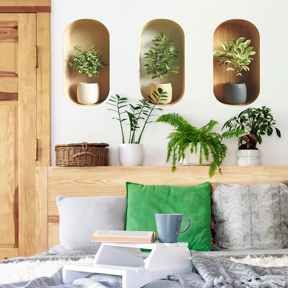 Elegant Green Plant Potted Plant Triptych, Entrance Hall, Dining Room Background, Wall Decoration Stickers