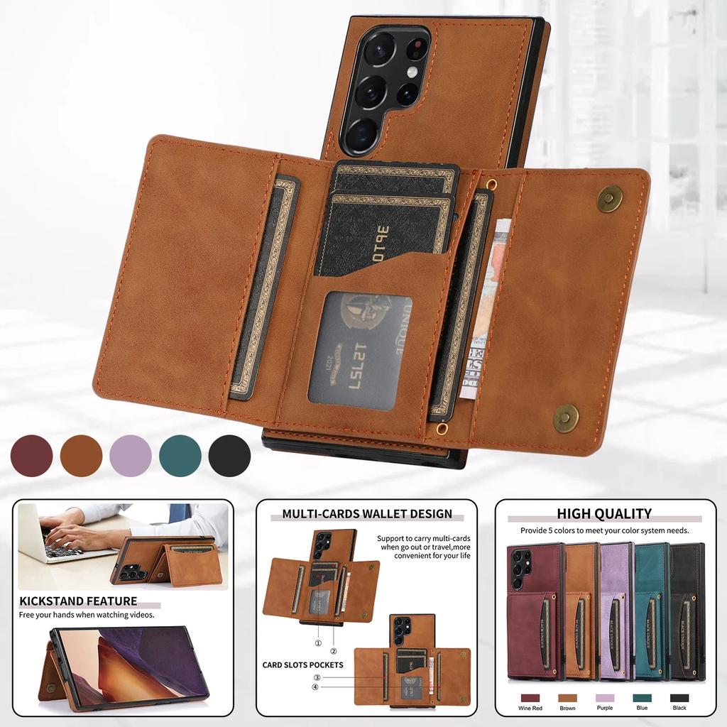Triple Folded Matte Leather Wallet Case for Samsung S25 Ultra S24 FE S23 S22 Plus S21 A55 A14 Cards Slots Kickstand Flip Cover