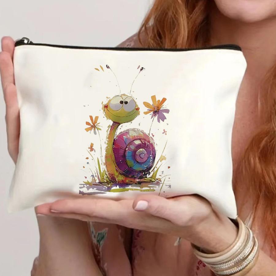 

1pc Whimsical Snail & Floral Cosmetic Travel Bag - Lightweight Foldable Zippered Makeup Organizer Pouch for Women, Cute Gift