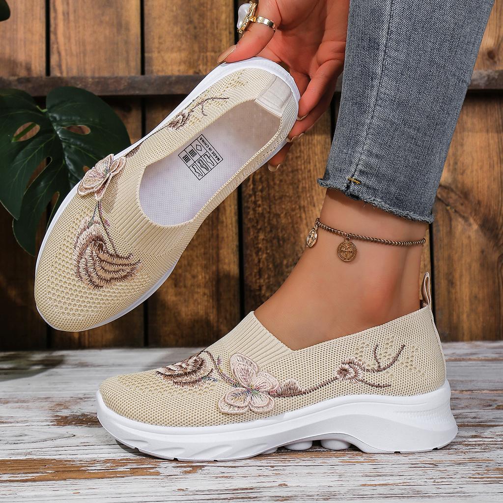 Women Floral Butterfly Embroidery Knitted Slip On Walking Shoes Breathable Mesh Eva Sole Non Slip Comfort Mom Casual Sneakers
