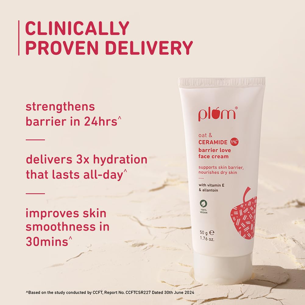 Plum Oat & 1% Ceramide Barrier Love Face Cream 50 g Pack for Normal Dry Skin, Moisturizer for Women & Men