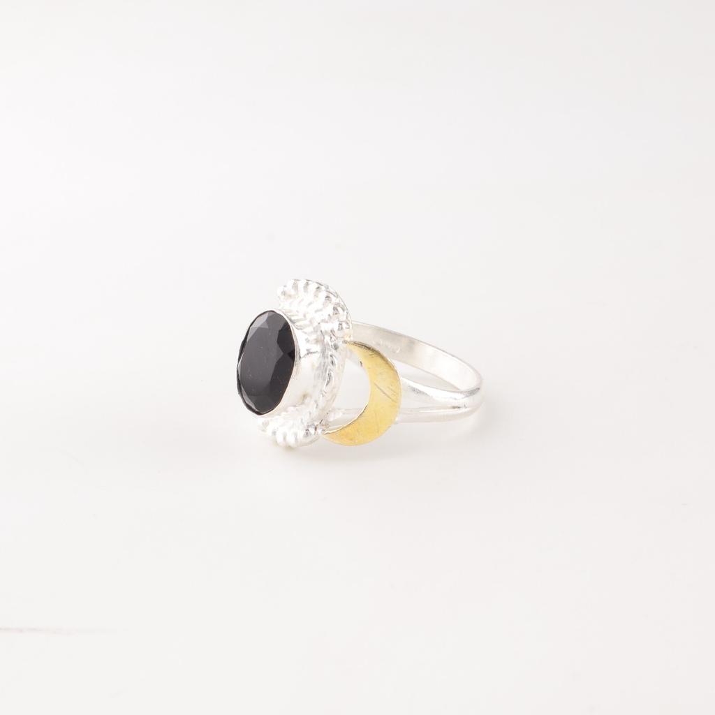 Natural Black Onyx Gemstone 925 Sterling Silver Jewelry Handmade Tow Tone Ring RR-61-21