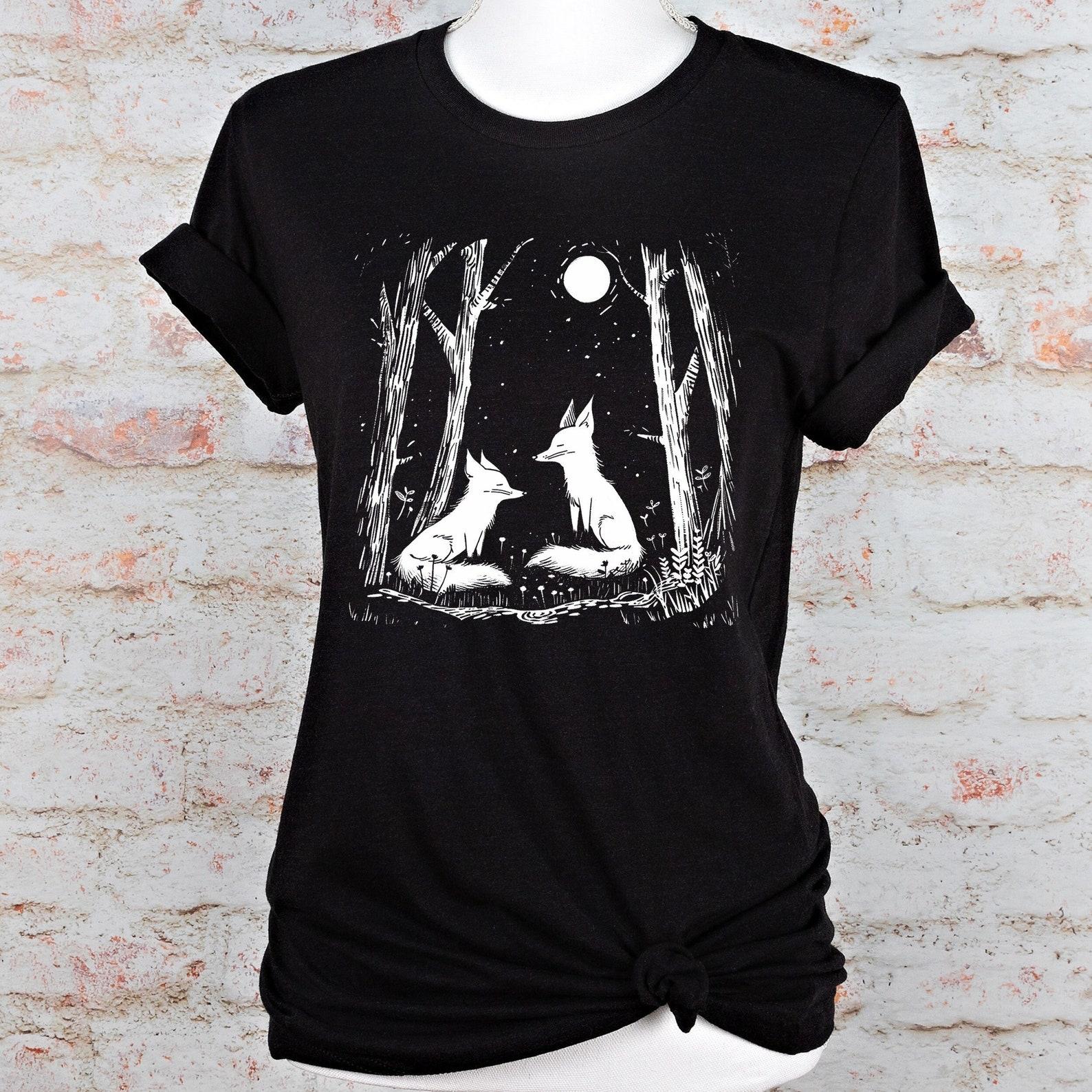 Woodland Fox T-Shirt: Moonlit Forest Folk Art Tee S