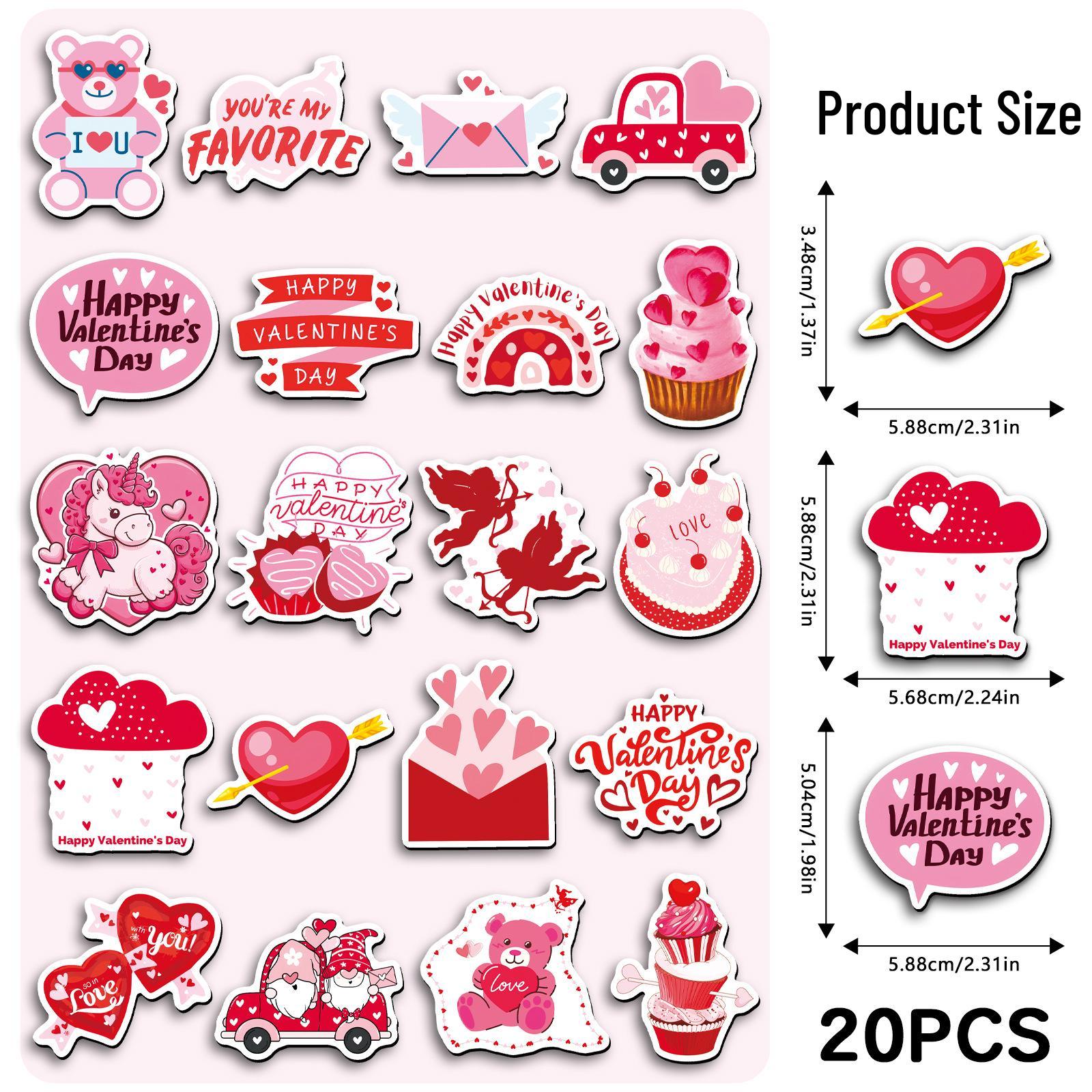

20 Valentine s Day Cartoon Magnetic Stickers - Romantic Heart and Bear Waterproof Refrigerator Decor 5.5-8.5CM