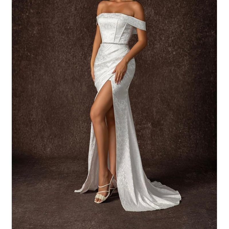 

Французский стиль Аура с открытыми плечами открывающая ключицы Темный узор Цветочные бриллиантовые украшения Облегающее талию С разрезом Длинные ноги Шлейф Вечернее платье White XL