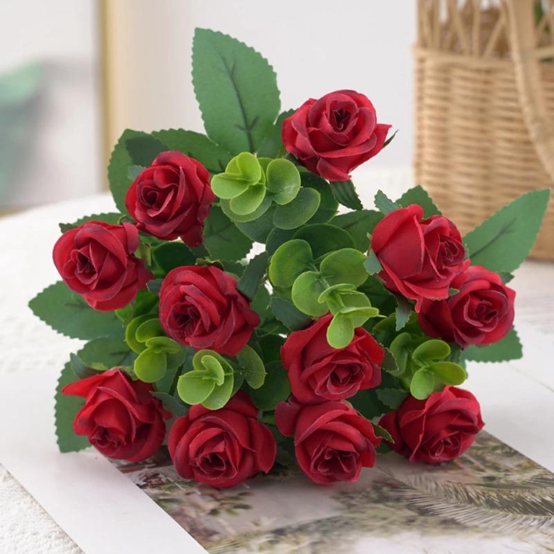 Artificial Eucalyptus Leaves & Silk Roses Bouquet, Fake Flowers for Vase, Home Outdoor Garden Festival Wedding Party Table Decor