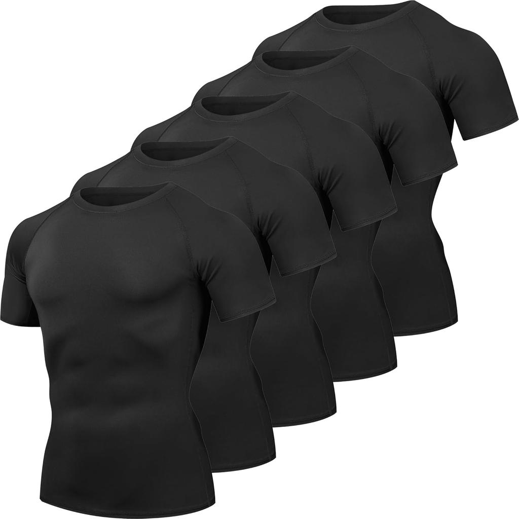 Men's Compression Shirts Cool Dry Short Sleeve Baselayer Athletic Workout T Shirts, Black, White