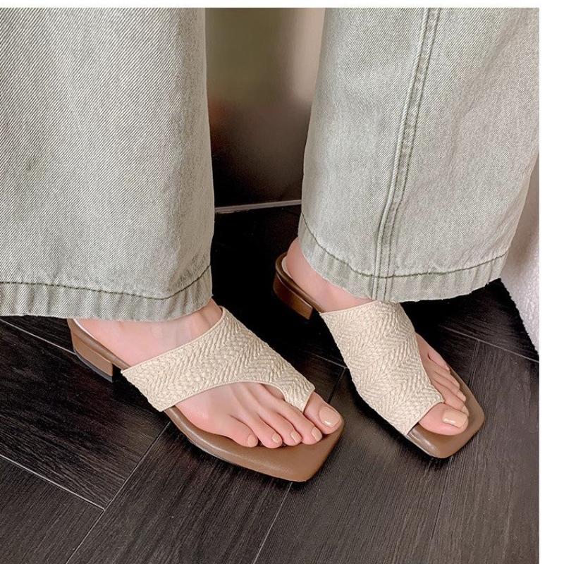 Fashion Fashion Summer Vacation Sandals Soft Woven Toe Flip-Flops Concise Square Toe Thick Heel Slippers Breathable Casual Women's Shoes