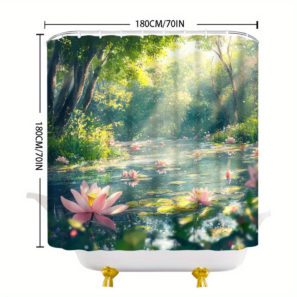 Serene Sunlit Forest Pond Shower Curtain Lotus Flowers Green Foliage Clear Water Polyester Washable with Hooks Bathroom Decor