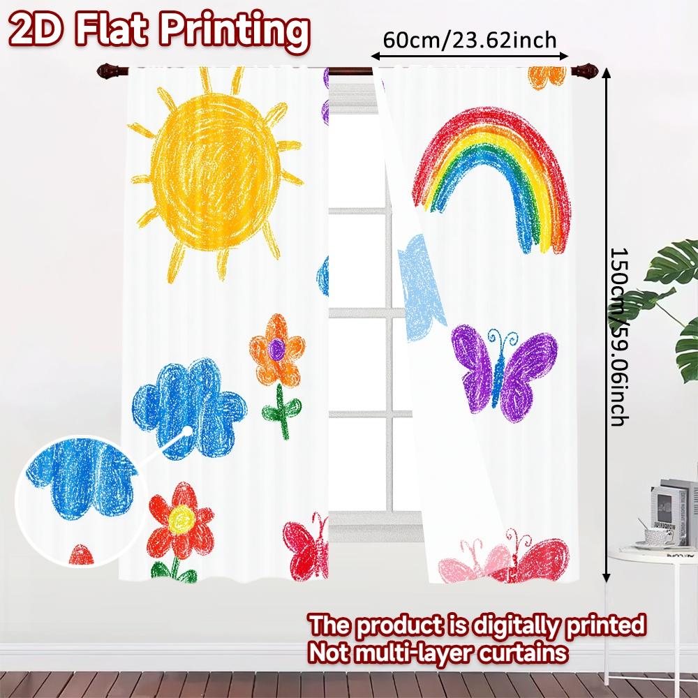 Set Of 2 Flat Printing Curtains Butterfly Rainbow Sky Digital Printed Polyester Drapes Festive Holiday Perfect Curtain