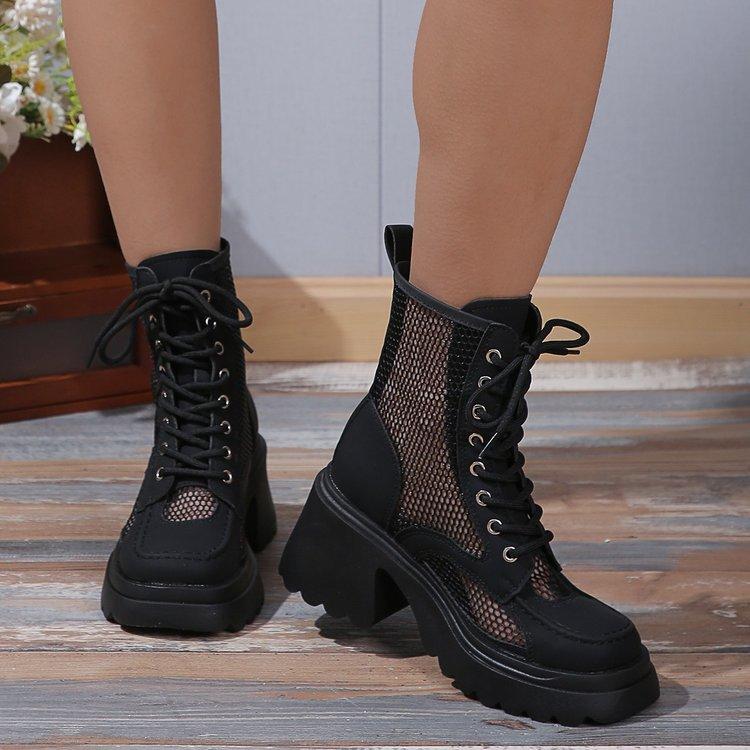 New thick-soled heightened square head summer British style small mesh high-heeled hollowed-out versatile cool boots women's shoes