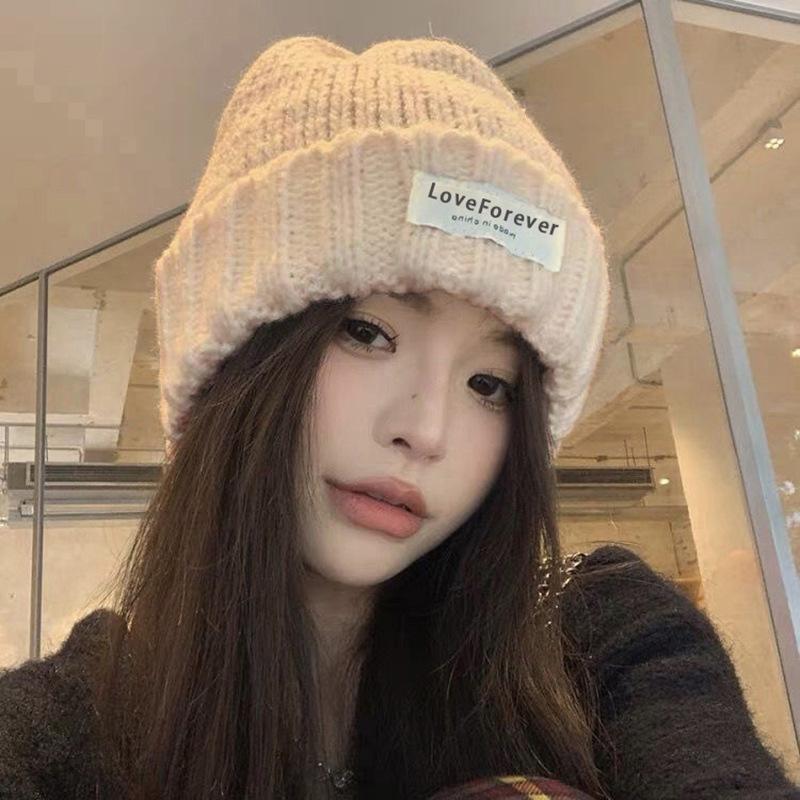 Korean Style Brand Letter Patch Wool Hat for Women Autumn and Winter Japanese Versatile Warm Knitted Hat Couple Student Pullover Hat