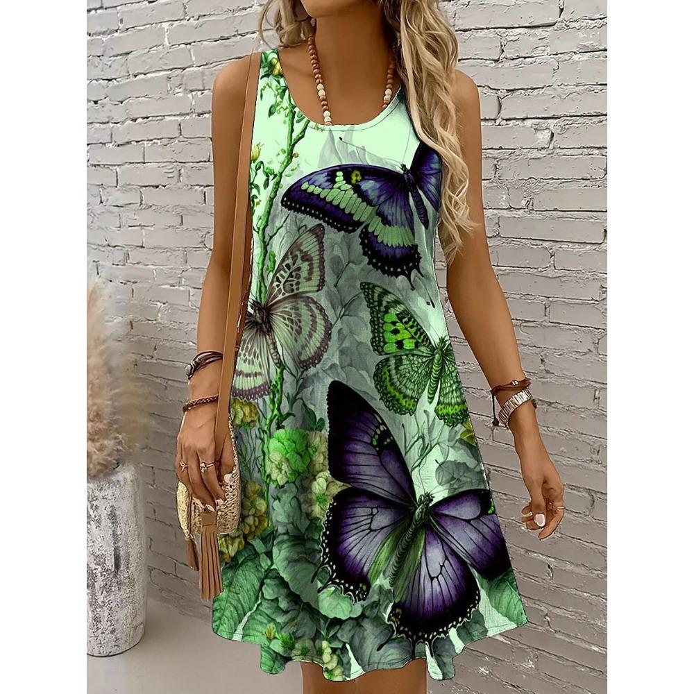 Summer New Women's Dress Retro Colorful Creative Pattern 3D Printing Loose Casual Vacation Round Neck Sleeveless Vest Dress