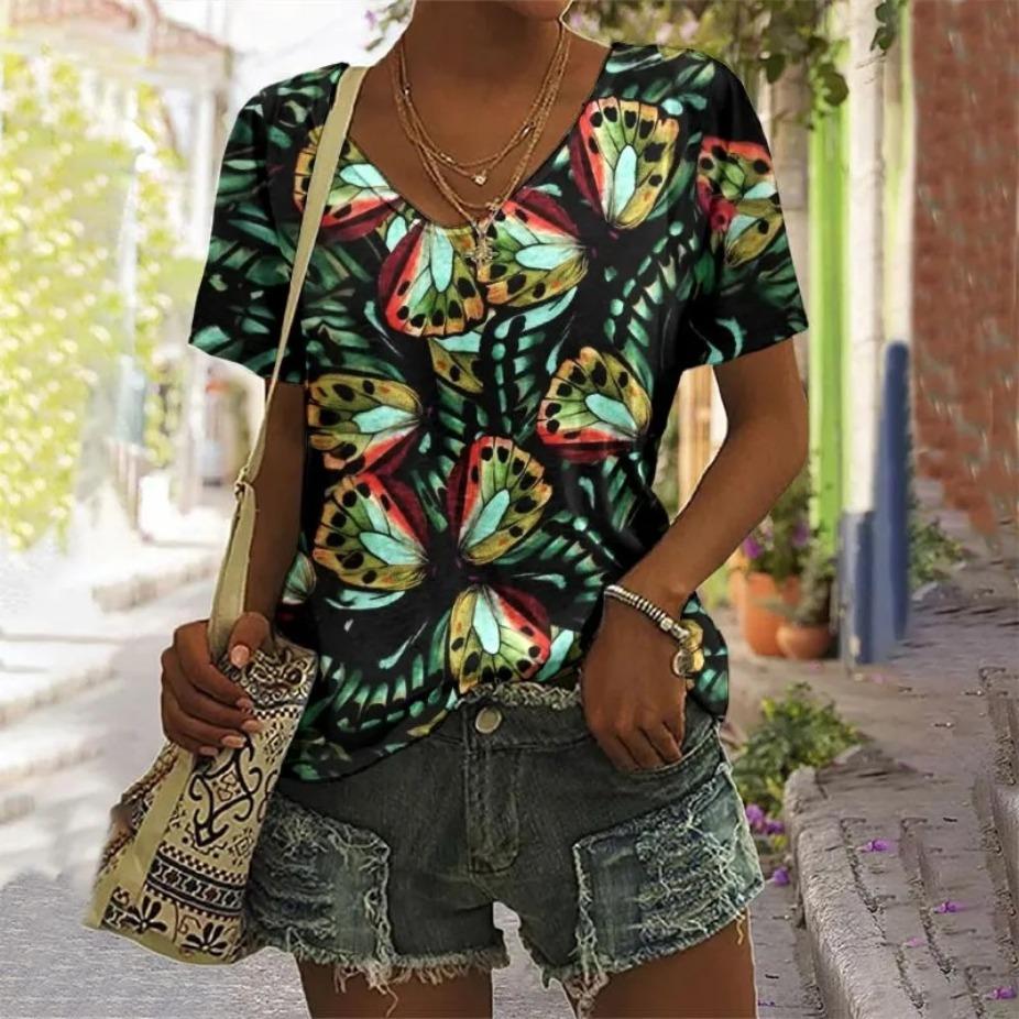 Short Sleeved Trendy Versatile Fashion Loose Top Summer Thin V-neck T-shirt