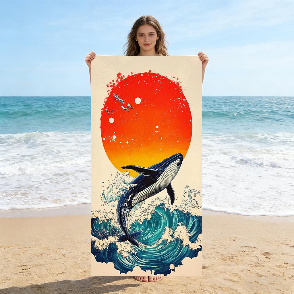 

Japan Surfing Pattern Beach Towel Design of Red Sun&Wave Quick-drying Towel Suit for Seaside Pool Camping Yoga Gift For Friends W40*H60(CM)