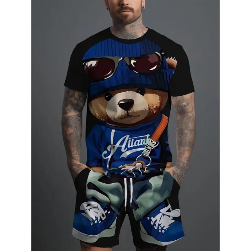 Hip Hop Style Personality Cartoon 3D Printed Men's Round Neck Short Sleeve 2 Fashionable Street Sports All-match Men's Suit
