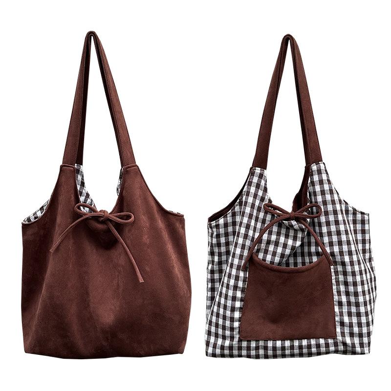 

Large Capaci Plaid Canvas Tote Bag Women s Suede Fleece Single Bag College Students Notebook Class Tote Bag Christmas Gifts 2026 кофейный
