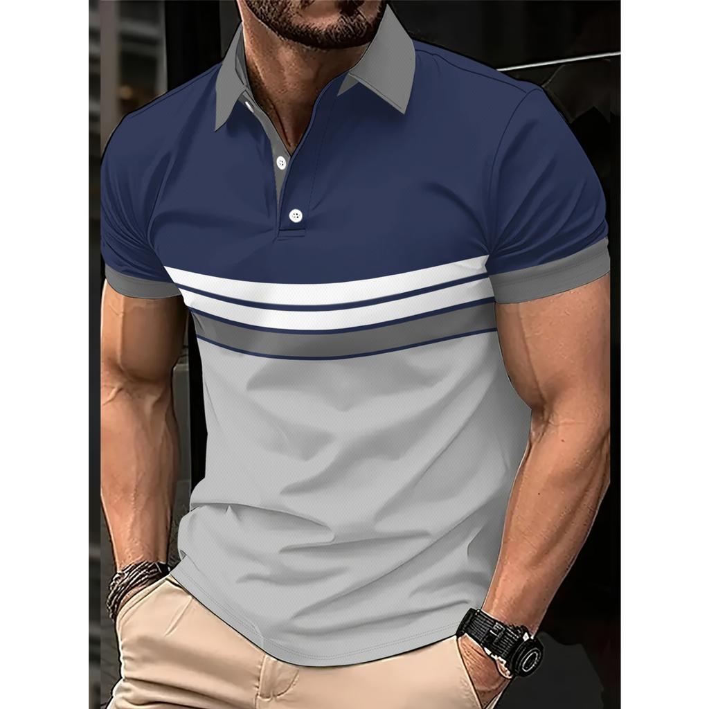 2026 Summer Men's Polo Shirt with Stripes Print Breathable Lightweight Casual Fashionable Outdoor Men's Clothing