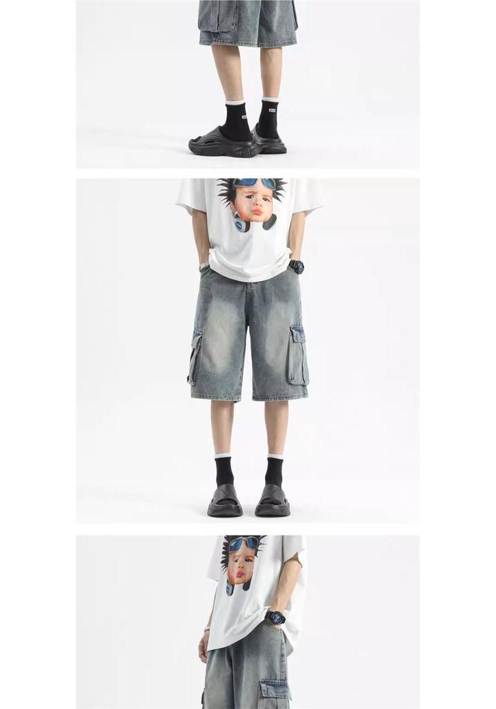 Men's High Street Loose Denim Shorts - Summer Wide-Leg Five-Point Mid-Length